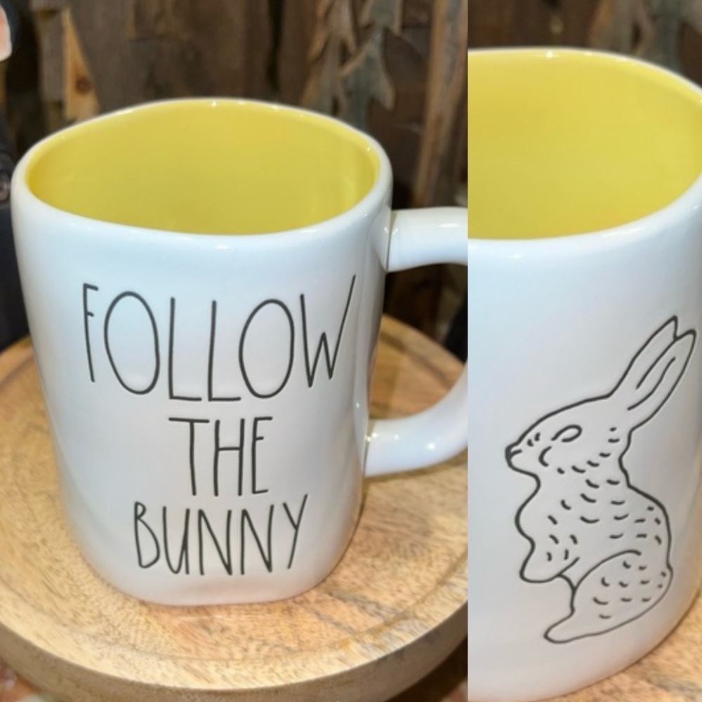 Rae Dunn FOLLOW THE BUNNY yellow and white Easter Spring mug. NWT.